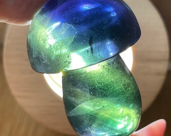 Blue Fluorite Mushroom with Rainbows , HQ Crystal Carving’s, AAA Grade Green Blue Fluorite