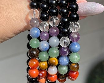 Chakra Beaded Bracelet - 8 mm Beads, Natural Crystal Beads, Layering Gemstone Jewelry