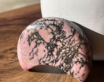 Rhodonite Moon, Pink manganese crystal carving Home decor, crystal gifts, Crystal Moon Carvings, #B