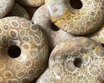 Coral Jade Fossil Donut, Fossilized coral carved bead, Crystal Sphere Stand, Coral Pendants, Gemstone Car Crystal