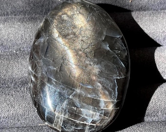 Black Moonstone Palmstone, Moonstone Oval Medallion, Natural Gold Confetti Filled Unique Flashy Crystal, Moody Moonstone with a Flash (495)