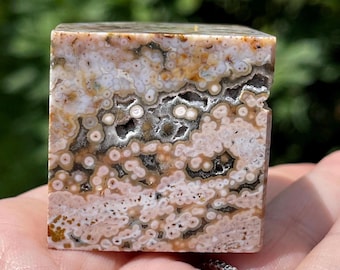 Veinless Ocean Jasper Floating Cube with green Quartz Druzy - #82