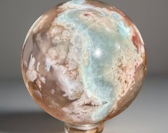 Turquoise Green & Peach Flower Agate Sphere with Pink Flowers UV Reactive, HQ Crystal Gifts