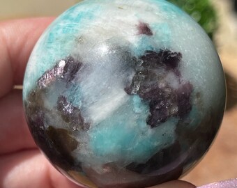 Amazonite Sphere with Tourmaline Lepidolite Smokey Quartz , Quartz Amazonite ball, Smokey Amazonite Sphere #11