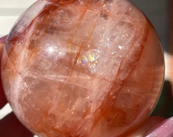 Fire Quartz Sphere with Red orange and Incredible Rainbows and white garden, Collectors Edition ferruginous Quartz HQ AAA grade