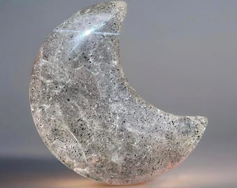 Mica in QUARTZ Crystal Moon: rare marine iron GLAUCONITE in Quartz from India