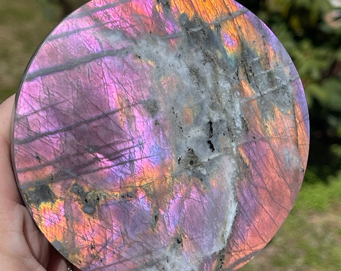 Featured listing image: Labradorite Statement Circle with Amazing Sunset Orange Pink Purple Flash