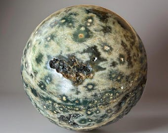 7th Vein Ocean Jasper Sphere with Black Morion Quartz, Orb Flower Jasper, Orbicular Jasper Big Ball, Unique Collectors Jasper