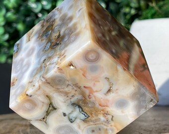 8th Vein Ocean Jasper Floating CUBE with Bubbles and Quartz, Druzy Jelly Ocean Orbicular Jasper AAA Madagascar Jasper