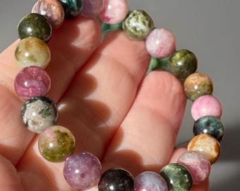 Watermelon Tourmaline Beaded Bracelet - Stretchy 9mm beads, Rare Gemstone Large Beads, Unique Handmade Jewelry
