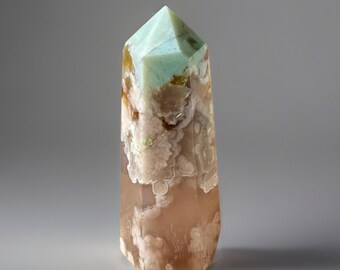 Flower Agate Gemstone Tower-Cherry Blossom Agate Tower Point-Crystal Obelisk Wand-Throat Chakra Stone Polished Crystal Home Decor