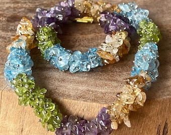 Rainbow Crystal Handwoven Chip Gemstone Beads Necklace , Crystal beads, Blue Topaz Citrine Amethyst Peridot Beaded Necklace