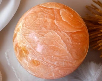 Orange Calcite XL Sphere • Natural Polished Dreamy Tangerine Calcite Stone Ball •Crystals for Gifting Collecting & Decorating
