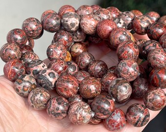 Leopard Jasper Beaded Bracelet - 12mm Beads, Natural Red Color Orby Jasper Crystal Beads, Layering Gemstone Jewelry