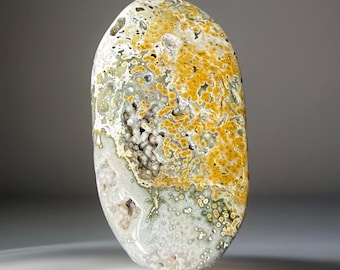 Ocean Jasper Palmstone, Rare Madagascar Vein Orbicular Jasper, Golden Green Pattern with Druzy Cave, Collectible Crystal