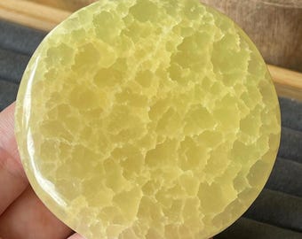Lemon Honeycomb Calcite XXL Cookie Flat: Colorful Sunny yellow Crystal, Polished Gemstone Pocket Round Stone (40)