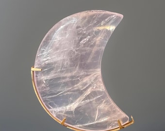 Periwinkle Jelly Quartz Moon on a gold tone Custom Stand, Crescent Pink Moon Crystal, Whimsical Home Decor