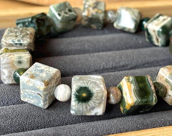 8th Vein Ocean Jasper Cube Beaded Bracelet, Orbicular Ocean Jasper old stock collectors edition Colorful 12mm & 6mm beads, #52