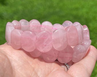 Rose Quartz Soft Bangle - Big Oval Beaded Bracelet with beautiful pink color