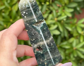 7th Vein Ocean Jasper Tower, Orbicular Ocean Jasper and Green Quartz Flower Crystal Tower (432)