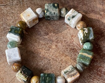 8th Vein Ocean Jasper Large Cube Bead Bracelet - No.58