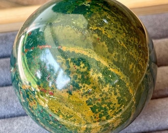 BLOODSTONE Sphere from India: Rare Fancy Heliotrope Jasper Orb - Mirror Polished (53mm)