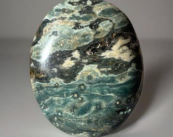 Ocean Jasper Palmstone, Marovato Vein Pocket Stone, Madagascar Orbicular Jasper, Green Floral orb Pattern, Collectible Crystal (424)