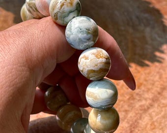 Ocean Agate Big Bead Bracelet , Orbicular Ocean Agate , Crystal Beads for him and her , White Eye Agate ,  collectors edition