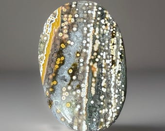 Ocean Jasper Palmstone, Rare Vein 3-4 Madagascar Orbicular Jasper, Golden Green Constellation Pattern, Collectible Crystal
