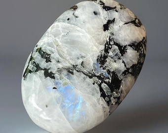 Rainbow Moonstone Palmstone w/black Tourmaline, Large Flashy Moonstone Polished Travel Crystal (62)