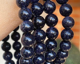 Blue Sandstone Galaxy Crystal Bracelet - 8mm Beads, Sparkling Deep Navy Blue Beads, Layering Jewelry