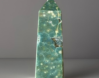 7th Vein Ocean Jasper Obelisk, Bubbles and Green Quartz Flower Clusters (441)