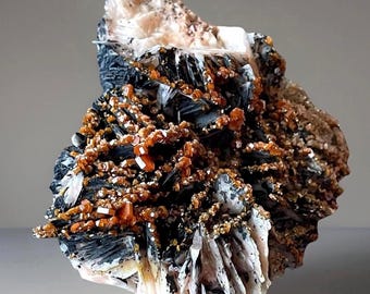 Red VANADINITE on BARITE with Black Hematite, Unique Crystal Specimen Morocco