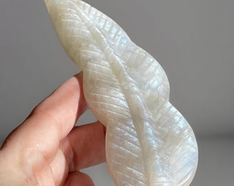 Moonstone Large Feather Crystal Carving, White Moonstone Blue Flash, Unique Crystal Sculpture, Rocks for Writing Desk
