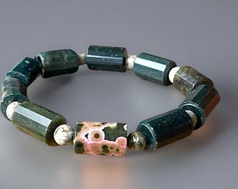 8th Vein Ocean Jasper Bracelet Big Faceted Tube beads with Pink Orbs. Orbicular Ocean Jasper, old stock, collectors edition