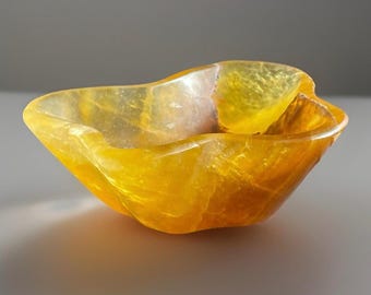 Fluorite Large Gemstone Bowl, Orange Yellow Fluorite trinket plate, Crystal Dish for Jewelry, Natural Minerals for the Home Decor