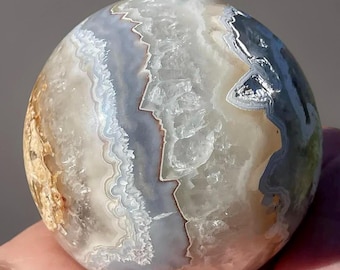 Mexican Agate Sphere with Quartz - Unique agate Crystal, Blue & White Mexican Agate Ball