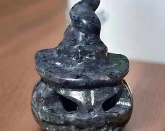 Larvikite Halloween Pumpkin with a Hat Crystal Carving, Natural Stone Home Decor, Fairy gardens, terrariums, Blue flash Jack
