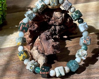 8th Vein Ocean Jasper Cube Beaded Bracelet, Orbicular Ocean Jasper old stock collectors edition Colorful beads, AAA Grade Crystals, #26