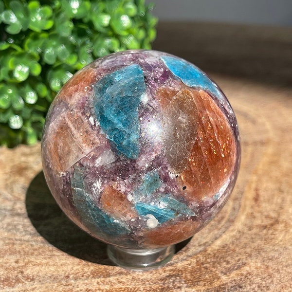 Arusha Sunstone Gem Lepidolite Blue Apatite Sphere with Rainbow Confetti, Rare Crystals AAA Grade Collectible Gems, #29