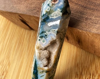 Moss Agate Double point wand with druzy