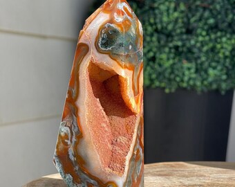 Carnelian & Moss Agate Statement Tower with Red Sugar Druzy