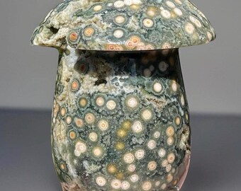 Orbicular Ocean Jasper Xl Mushroom, Natural Unique Madagascar Bubble Jasper, Pink & Orange Orb Jasper, Woodsy Fairy Garden Home Decor( 473 )