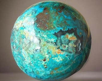 Chrysocolla Malachite in Quartz (Silicified Copper Matrix) Sphere, Natural Copper Gemstone Crystal Ball, Polished Mineral Display Stone Orb