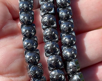 Hematite Cute Cat Bracelet 7mm Beads - Root Chakra - No. 211, Gemstone Black Crystal Kitty Jewelry