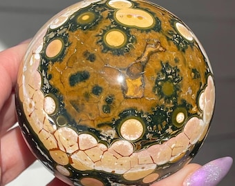 Kabamby Ocean Jasper Statement Sphere, Rare Private Collection Release - Madagascar Bubble Jasper Old Stock, Orbicular Jasper w Quartz 79mm