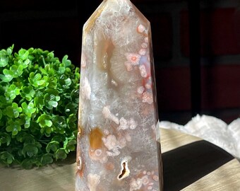 Peach Flower Agate & Green Quartz Tower, Unique Agate Crystals, Beautiful Crystal Gifts