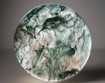 Moss Agate Cookie Flat: Translucent Scenic Crystal Disk, Polished Gemstone Pocket Round Stone (457)