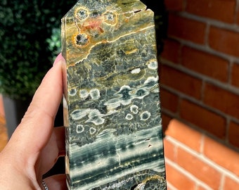 7th Vein Ocean Jasper Tower with quartz flowers, Orbicular Green Ocean Jasper, Collector’s Black Flower Jasper