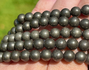 Pyrite Bead Bracelet: 6 mm Round Crystals - Premium Grade Stretch Gemstone Bracelet